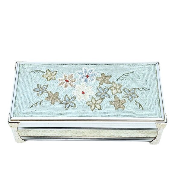 Vintage Schmid Bros Musical Jewelry Box Floral Beaded Blue Honey Tune Trinket - Picture 1 of 16
